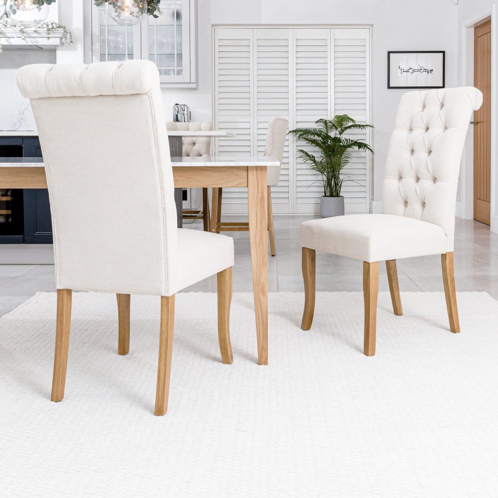 (Set of 2) Oxford Natural Linen Scroll Back Dining Chairs | Oak Legs