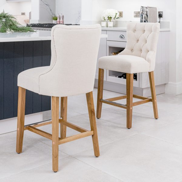 (Set of 2) Burford Counter Stool Upholstered In Natural Linen | Oak Legs