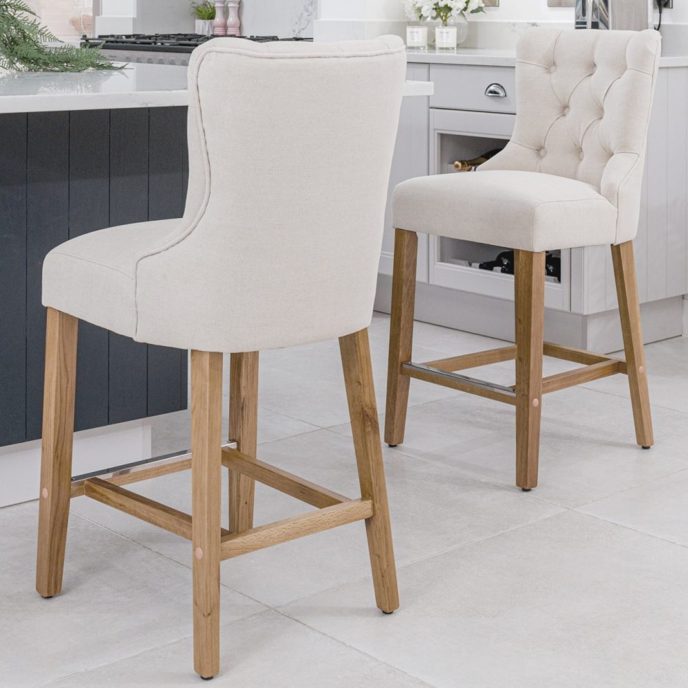 (Set of 2) Burford Counter Stool Upholstered In Natural Linen | Oak Legs - Image 2