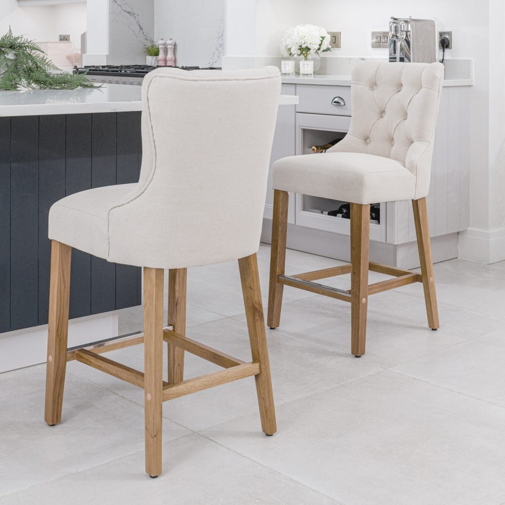 (Set of 2) Burford Counter Stool Upholstered In Natural Linen | Oak Legs