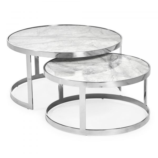 Florence Stainless Steel Framed Set of 2 Circular Coffee Nest Tables – Grey Marble