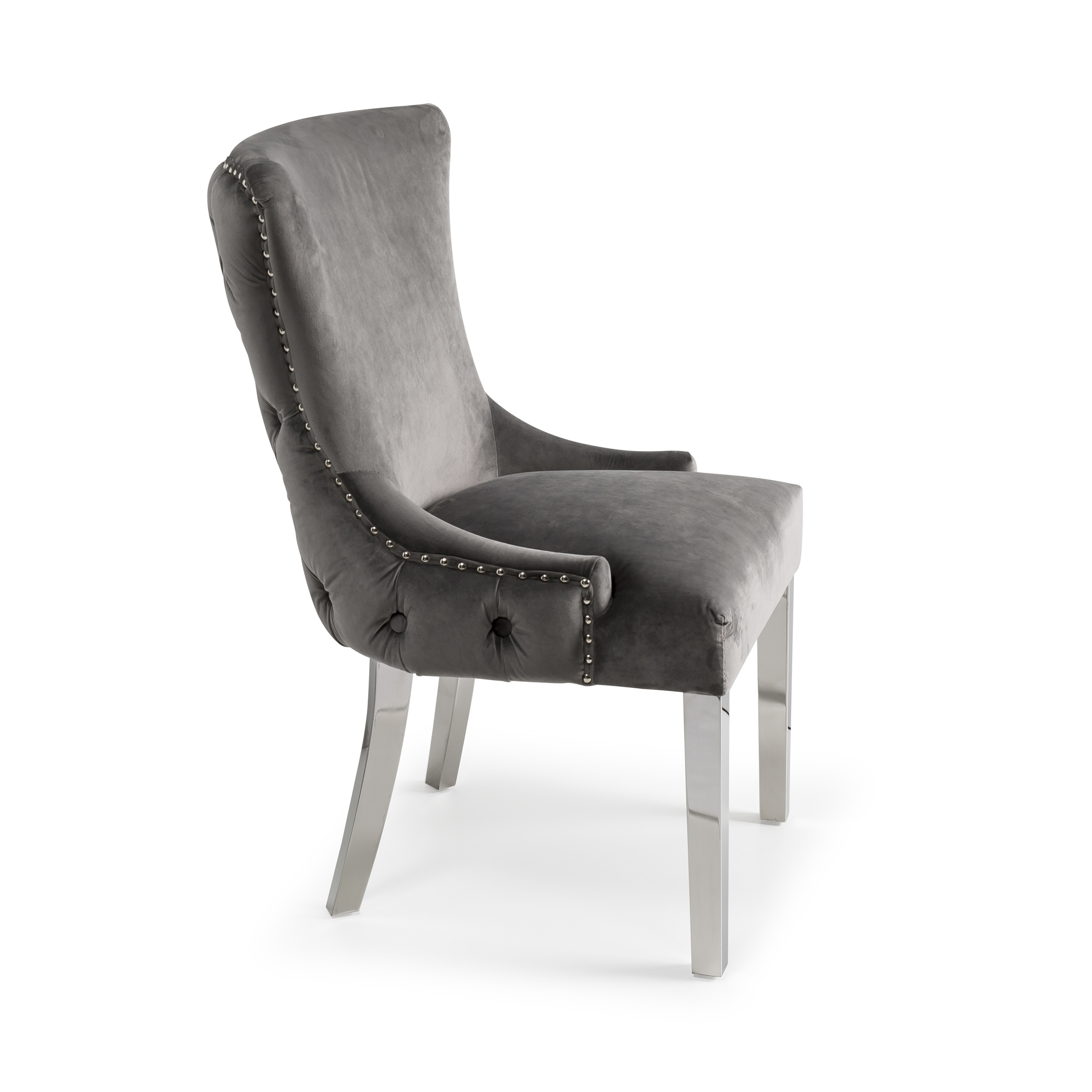 Grey Brushed Velvet Dining Chair with Polished Steel Legs - Set of