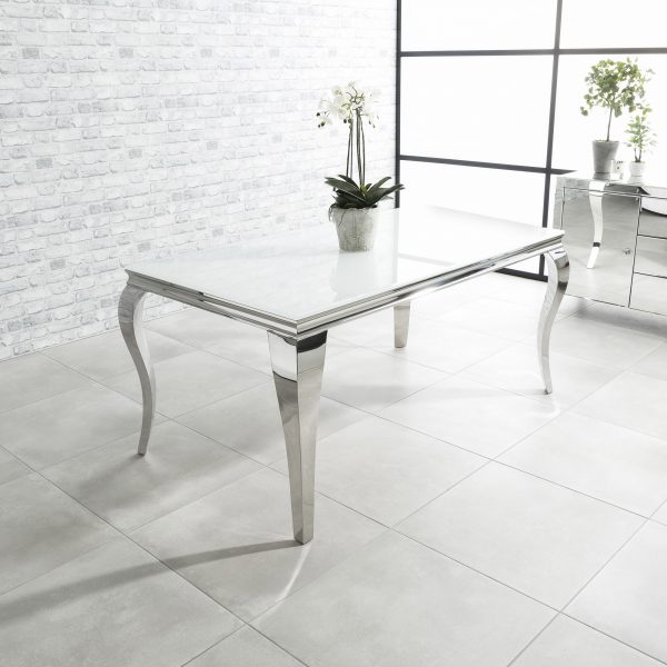 1.6m Louis Polished Steel Dining White Glass Table Set with 4 Chelsea Light Grey Brushed Velvet Dining Chairs