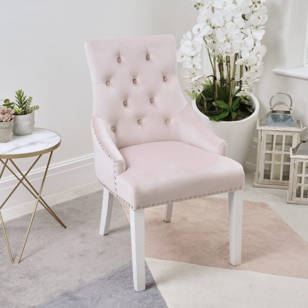 Chelsea Pink Brushed Velvet Upholstered Scoop Dining Chair – White Legs