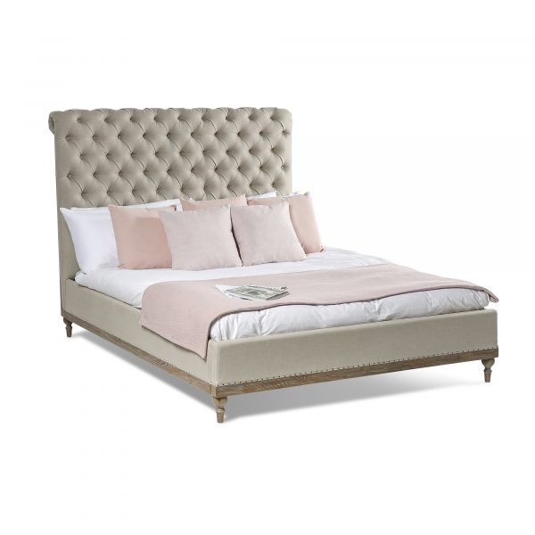 Amélie King Size Limed Ash Linen Chesterfield Bed with Low Foot Board