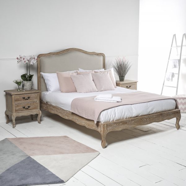 Clementine Whitewash Oak Upholstered Low Foot Board Bed – Double