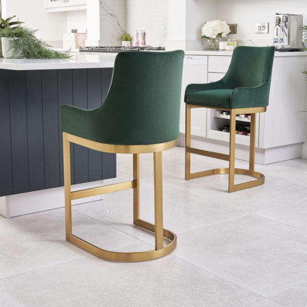 Clara Green Velvet Upholstered Counter Kitchen Stool with Gold Steel Frame