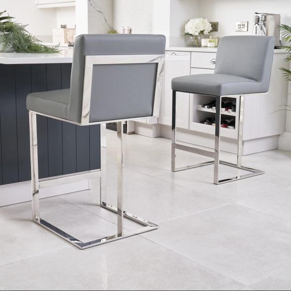 Bailey Grey Faux Leather Kitchen Barstool – Polished Steel