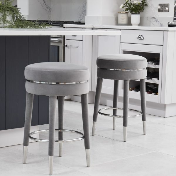 Isabel Grey Velvet Bar Stool with Stainless Steel Trim Footrest