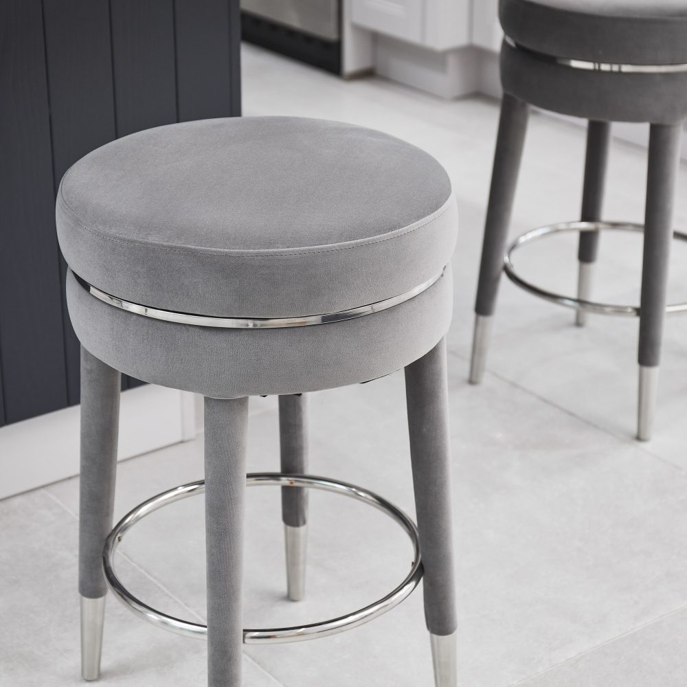 Isabel Grey Velvet Bar Stool with Stainless Steel Trim Footrest - Image 5