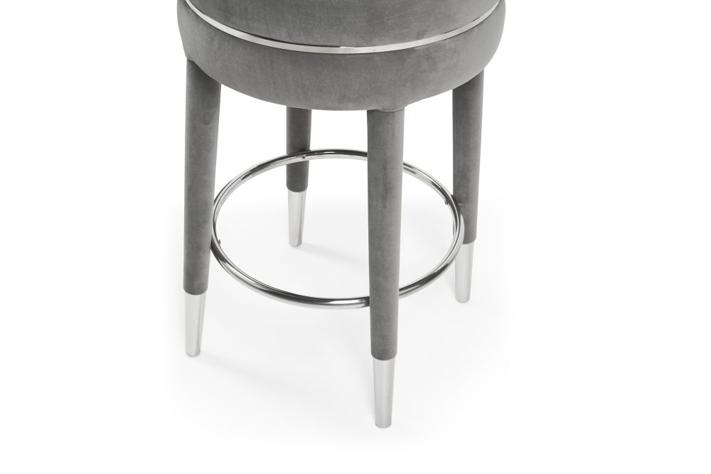 Isabel Grey Velvet Bar Stool with Stainless Steel Trim Footrest - Image 9