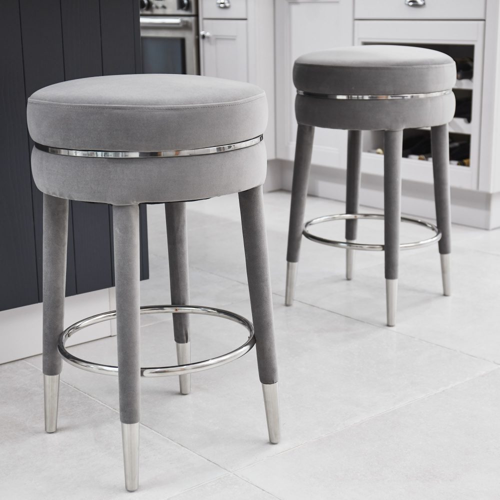 Isabel Grey Velvet Bar Stool with Stainless Steel Trim Footrest - Image 3