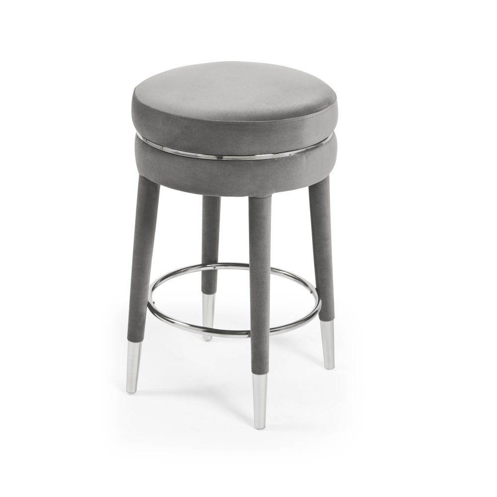 Isabel Grey Velvet Bar Stool with Stainless Steel Trim Footrest - Image 6