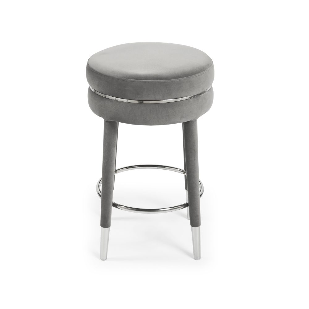 Isabel Grey Velvet Bar Stool with Stainless Steel Trim Footrest - Image 7