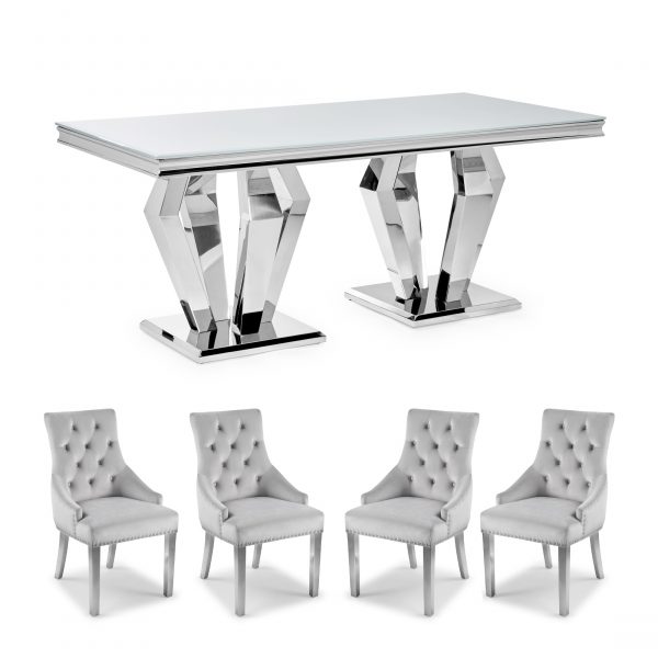 1.8m Sorrento Polished Steel Dining White Glass Table Set with 4 Chelsea Light Grey Brushed Velvet Dining Chairs