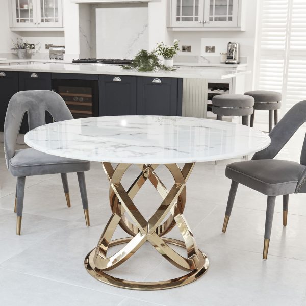 1.3M Pedestal Polished Circular Gold Stainless Steel Dining Table with White Marble Top