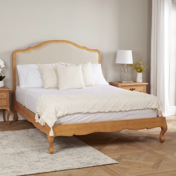 Clearance Price – Alice French Oak Upholstered Low Foot Board Bed – Super King Size