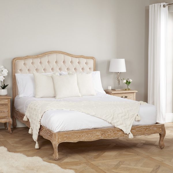 Eléa French Limed Oak Upholstered Button Back Low Foot Board Bed – Double Size