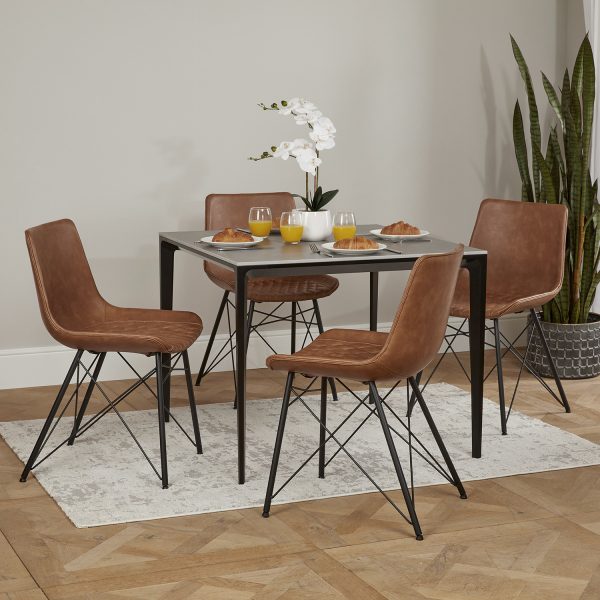 Bellagio 90cm Square Grey Sintered Stone Dining Table Set with 4 x Leon Tan Dining Chairs