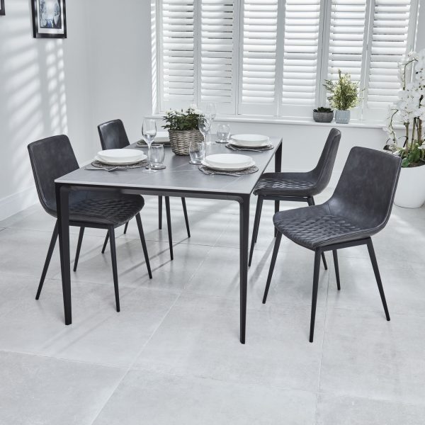 Bellagio 1.6M Grey Sintered Stone Dining Table with 4x Leo Grey Dining Chairs