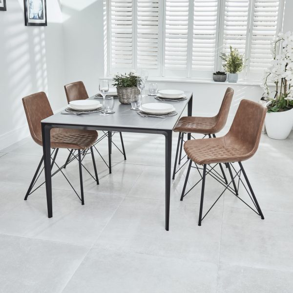 Bellagio 1.6M Grey Sintered Stone Dining Table Set with 4 x Leon Tan Dining Chairs