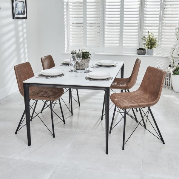 Bellagio 1.6M White Sintered Stone Dining Table Set with 4 x Leon Tan Dining Chairs