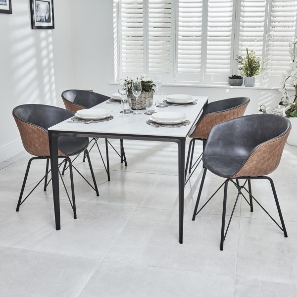 Bellagio 1.6M White Sintered Stone Dining Table Set with 4 x Camila Grey/Tan Dining Chairs