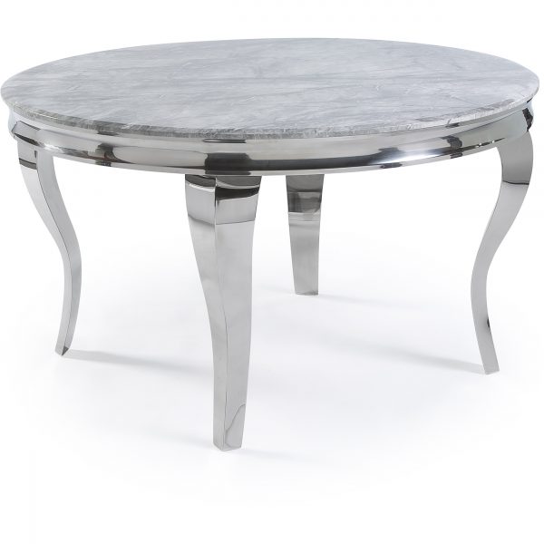 CLEARANCE 1.3m Louis Grey Round Marble Dining Table With Polished Circular Stainless Steel Legs