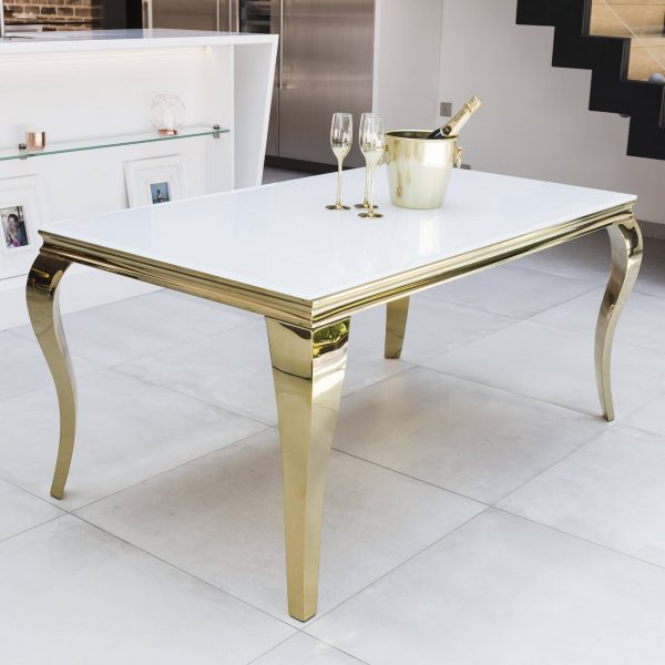 1.6M Louis Gold Polished Steel & Tempered Glass White Top Dining Table