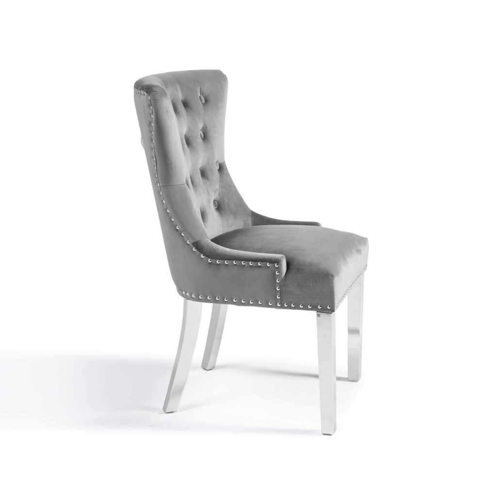 Grey Velvet Dining Room Chair with Polished Steel Legs | Grosvenor