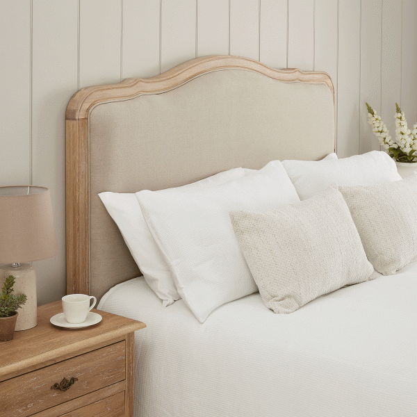 Clementine French Whitewash Oak Upholstered Divan Base Headboard – Double