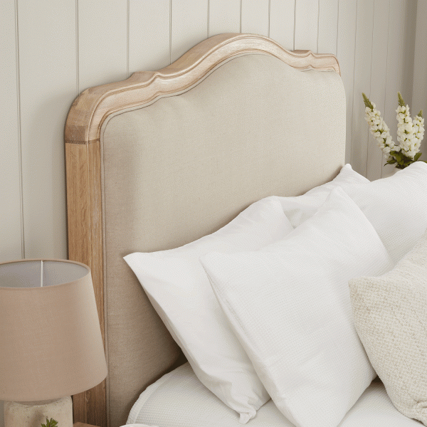 Clementine French Whitewash Oak Upholstered Divan Base Headboard – Double