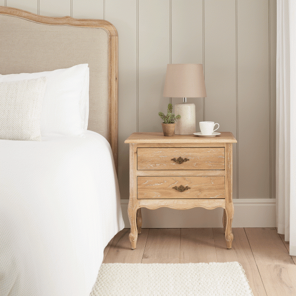 French Limed Oak Two Drawer Bedside Table