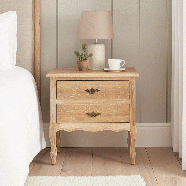 French Limed Oak Two Drawer Bedside Table