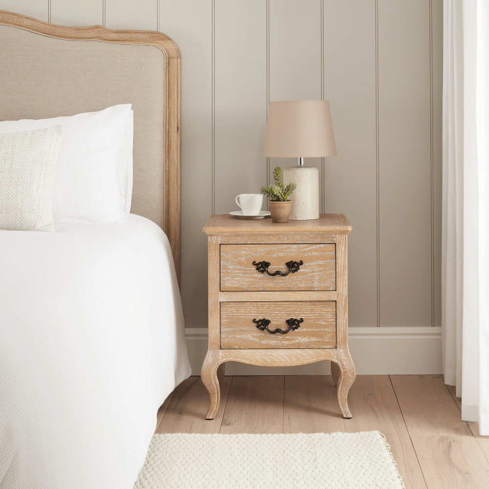 Lille French Limed Oak Two Drawer Bedside Table - Image 11