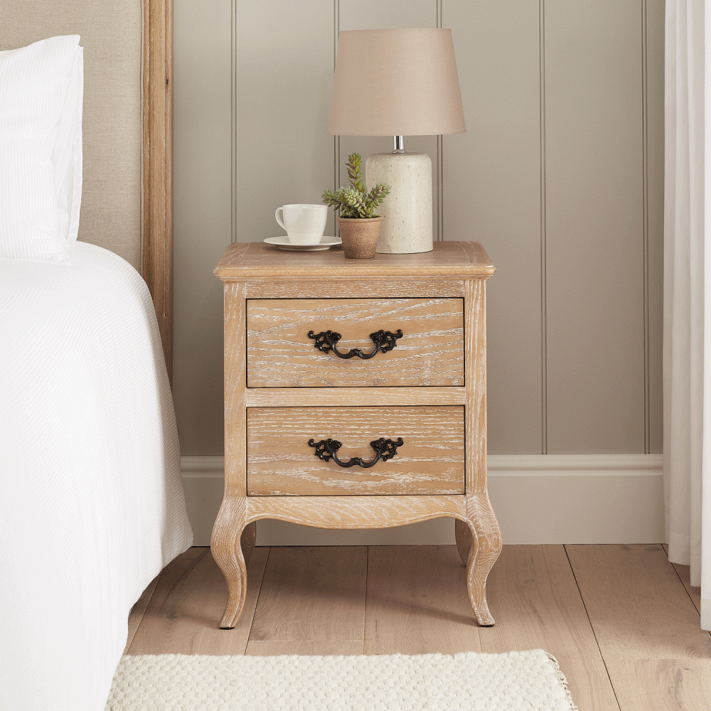 Lille French Limed Oak Two Drawer Bedside Table - Image 10