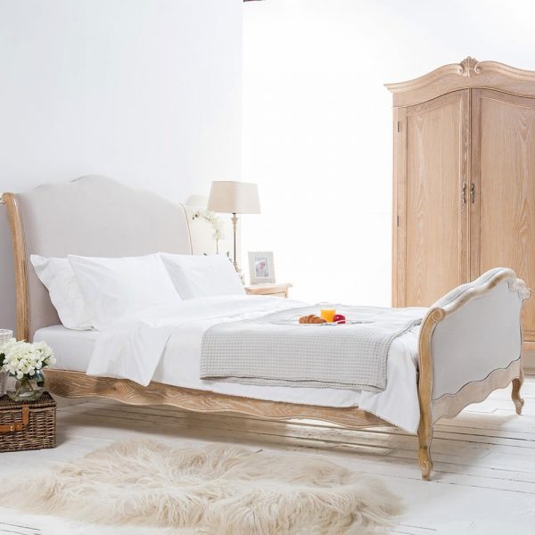 Chloè French Weathered Whitewash Oak Upholstered High Foot Board Bed – Super King Size Bed